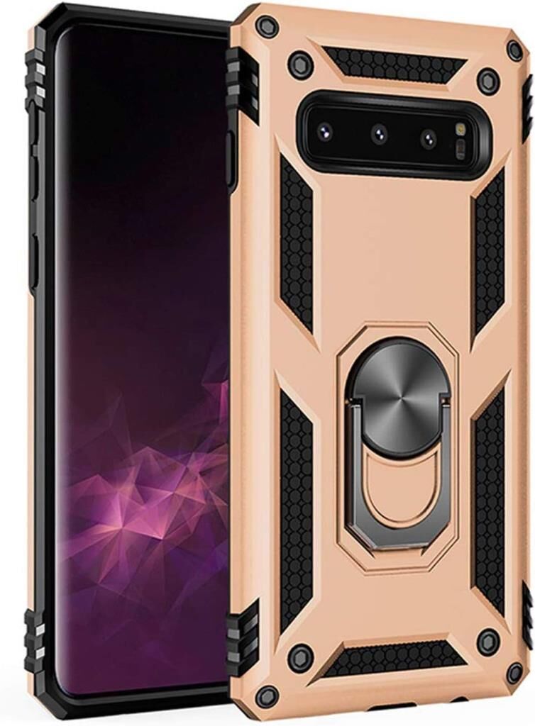 Galaxy S10 ile Uyumlu Yüzüklü Standlı Zırhlı Silikon Kılıf Gold