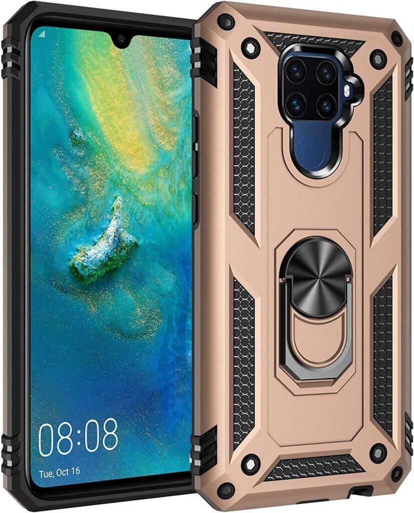 Mate 30 Lite ile Uyumlu Yüzüklü Standlı Zırhlı Silikon Kılıf Gold