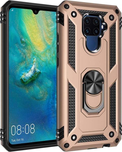Mate 30 Lite ile Uyumlu Yüzüklü Standlı Zırhlı Silikon Kılıf Gold