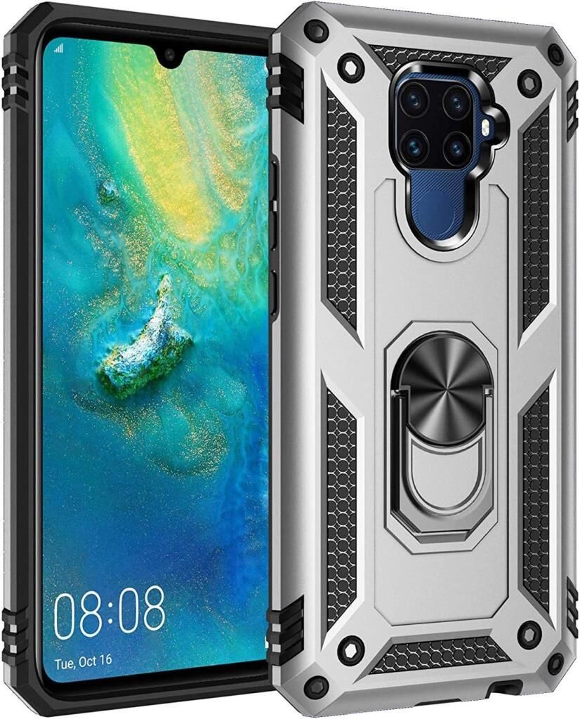 Mate 30 Lite ile Uyumlu Yüzüklü Standlı Zırhlı Silikon Kılıf Gümüş