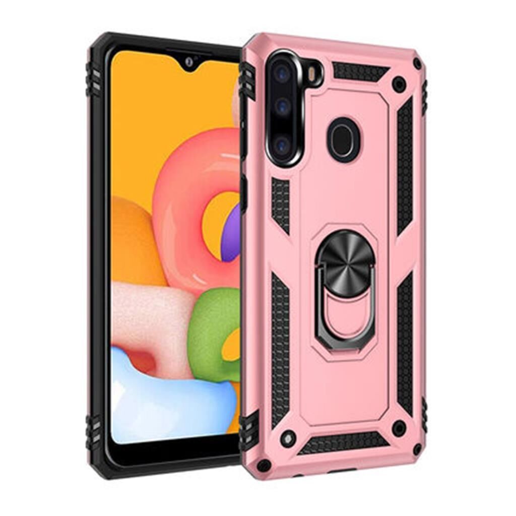 Zore Galaxy A21 ile Uyumlu Yüzüklü Standlı Zırhlı Silikon Kılıf Rose Gold