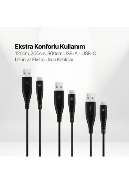 Mojue Usb-C 3’lü Şarj Kablosuz Seti Ekstra Dayanıklı Usb-A Usb-C 2A (Mojue By Ttec)  120/200/300CM