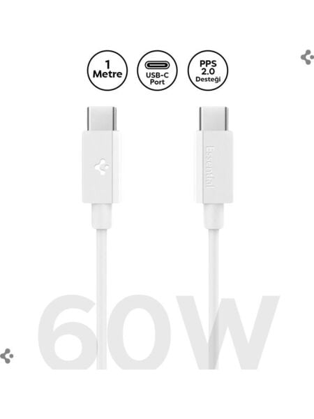 Spigen USB-C to USB-C 1 Metre Kablo 60W Güç / PPS 2.0 Super Hızlı Şarj / 480 Mbps Data Aktarım Hızı Type-C Ekstra Dayanıklı White