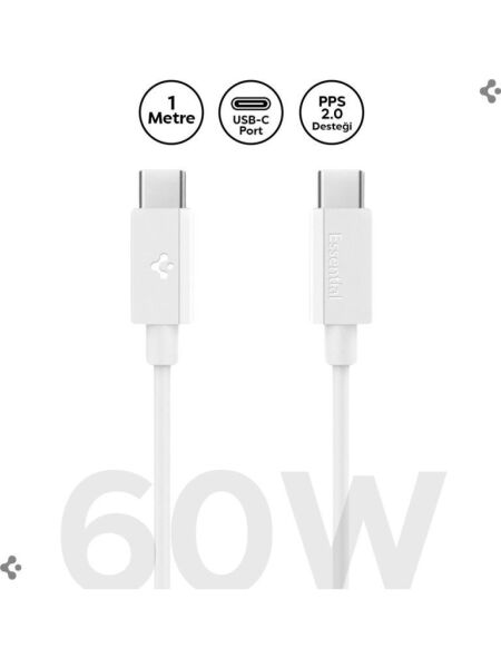 Spigen USB-C to USB-C 1 Metre Kablo 60W Güç / PPS 2.0 Super Hızlı Şarj / 480 Mbps Data Aktarım Hızı Type-C Ekstra Dayanıklı White