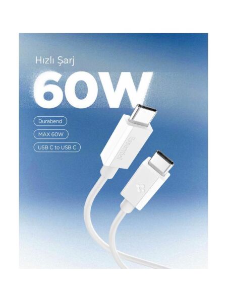 Spigen USB-C to USB-C 1 Metre Kablo 60W Güç / PPS 2.0 Super Hızlı Şarj / 480 Mbps Data Aktarım Hızı Type-C Ekstra Dayanıklı White