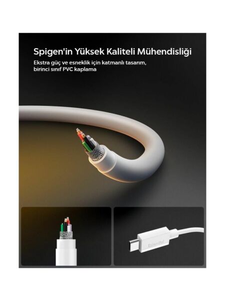 Spigen USB-C to USB-C 1 Metre Kablo 60W Güç / PPS 2.0 Super Hızlı Şarj / 480 Mbps Data Aktarım Hızı Type-C Ekstra Dayanıklı White