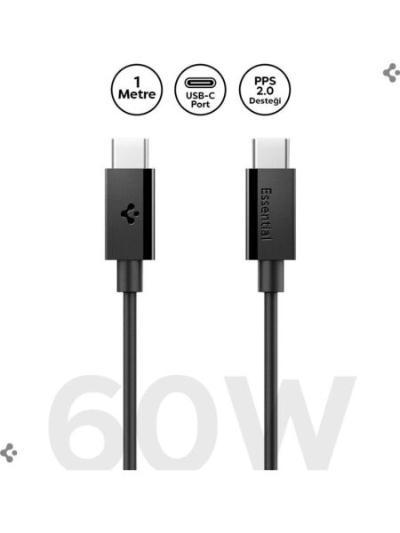 Spigen USB-C to USB-C 1 Metre Kablo 60W Güç / PPS 2.0 Super Hızlı Şarj / 480 Mbps Data Aktarım Hızı Type-C Ekstra Dayanıklı Black