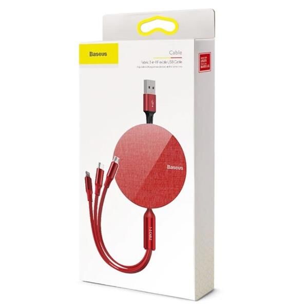 Baseus Fabric Makaralı 3in1 Type-C+iphone+micro Usb Şarj Kablo-Kırmızı