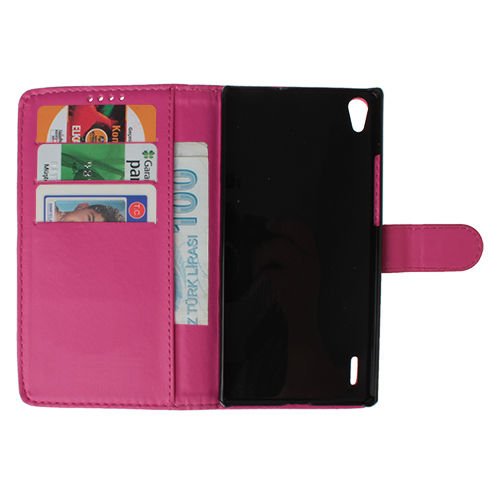 Ascend P7 ile Uyumlu Yan Model Deri Kılıf Pembe Renk