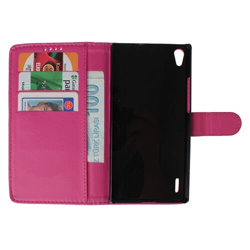 Ascend P7 ile Uyumlu Yan Model Deri Kılıf Pembe Renk