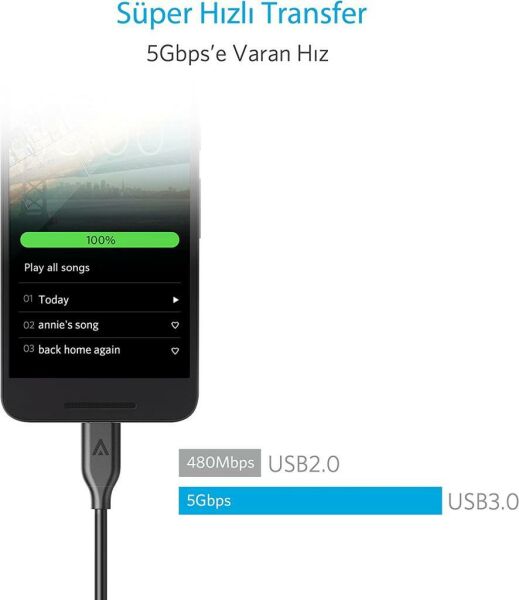 Anker Powerline USB-C to USB 3.0 Type-C Şarj 0.9 Metre Siyah A8163