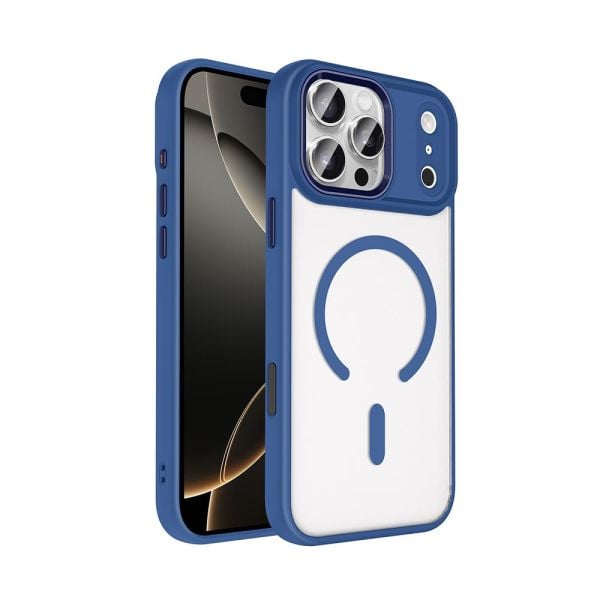 Zore Apple iPhone 17 Pro ile Uyumlu Kılıf Wireless Şarj Özellikli Krom M-safe Silikon Kapak Lacivert