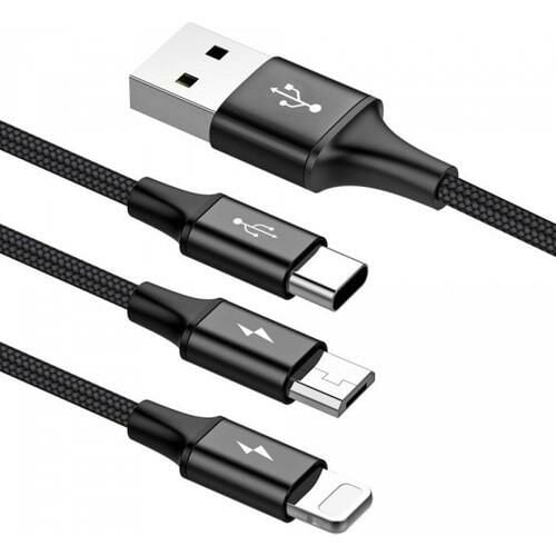 Baseus Rapid Serisi Usb-C Kablo 3in1 Mikro USB/Lightning/USB-C 20W Şarj Kablosu 1,5 Metre Siyah