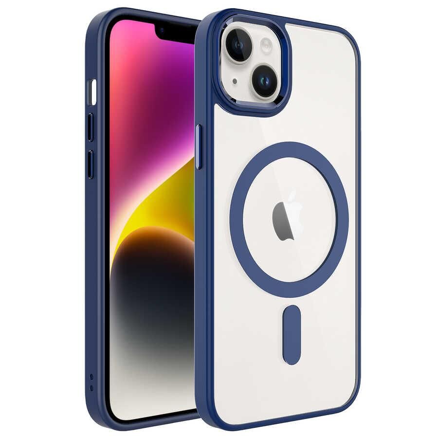 Zore Apple iPhone 14 ile Uyumlu Kılıf Wireless Şarj Özellikli Krom M-safe Silikon Kapak Lacivert
