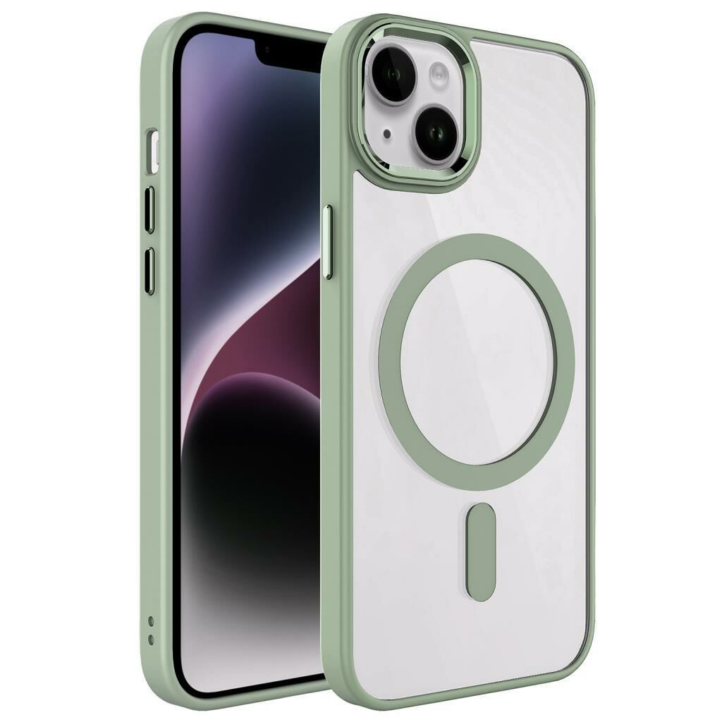 Zore Apple iPhone 14 ile Uyumlu Kılıf Wireless Şarj Özellikli Krom M-safe Silikon Kapak Yeşil