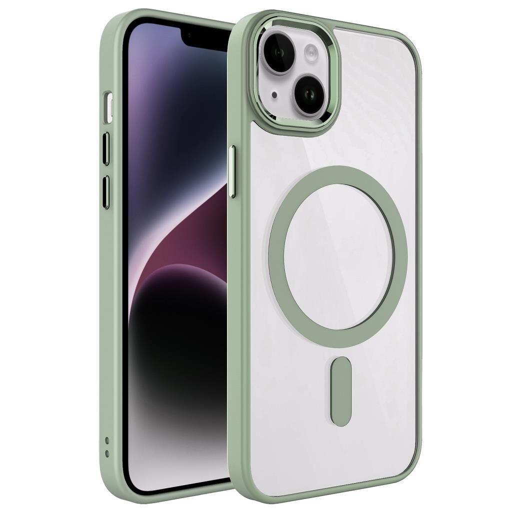 Zore Apple iPhone 14 ile Uyumlu Kılıf Wireless Şarj Özellikli Krom M-safe Silikon Kapak Yeşil