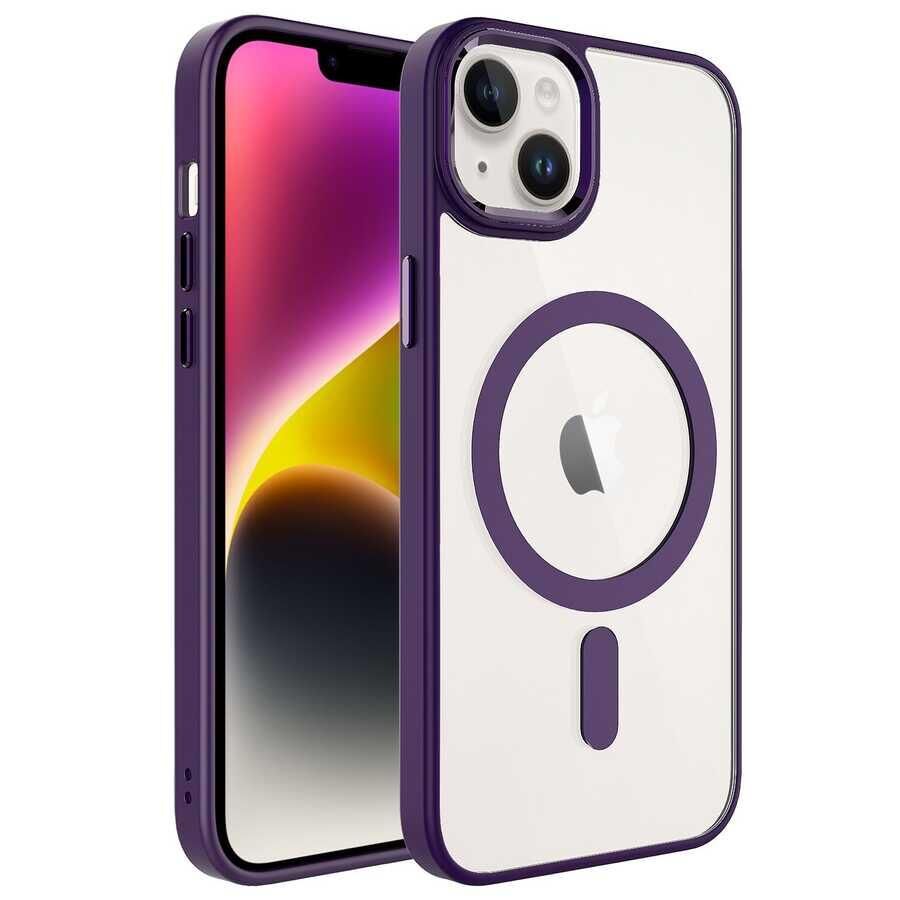 Zore Apple iPhone 14 ile Uyumlu Kılıf Wireless Şarj Özellikli Krom M-safe Silikon Kapak Derin Mor