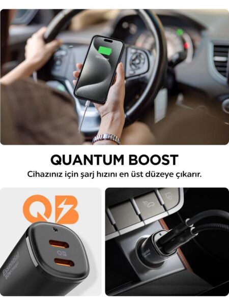 Spigen 50W USB-C 2 Port Araç içi Hızlı Şarj Aleti Samsung PPS Destekli Akım Korumalı Güç Adaptörü Çakmaklık iPhone & Android & iPad & MacBook Type-C PD 3.0 30W + 20W EV502 Black