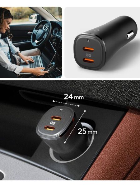 Spigen 50W USB-C 2 Port Araç içi Hızlı Şarj Aleti Samsung PPS Destekli Akım Korumalı Güç Adaptörü Çakmaklık iPhone & Android & iPad & MacBook Type-C PD 3.0 30W + 20W EV502 Black
