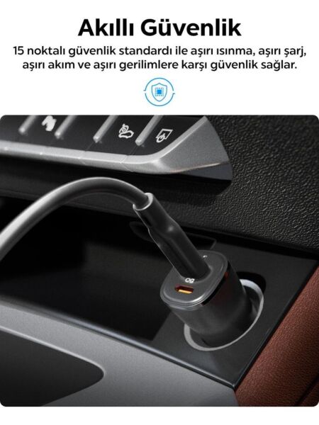 Spigen 50W USB-C 2 Port Araç içi Hızlı Şarj Aleti Samsung PPS Destekli Akım Korumalı Güç Adaptörü Çakmaklık iPhone & Android & iPad & MacBook Type-C PD 3.0 30W + 20W EV502 Black