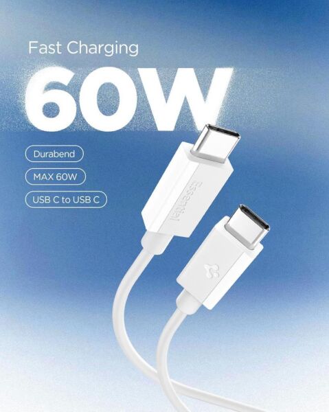 Spigen USB-C to USB-C 2 Metre Kablo 60W Güç / PPS 2.0 Super Hızlı Şarj / 480 Mbps Data Aktarım Hızı Type-C Ekstra Dayanıklı White