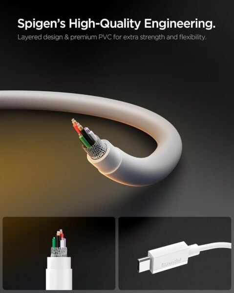 Spigen USB-C to USB-C 2 Metre Kablo 60W Güç / PPS 2.0 Super Hızlı Şarj / 480 Mbps Data Aktarım Hızı Type-C Ekstra Dayanıklı White