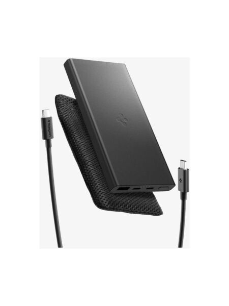 Spigen 10000 mAh Slim Alüminyum Kasa 22,5W USB-C + USB-A Giriş / Çıkış Hızlı Şarj 3 Portlu Powerbank / 1 Metre Type-C Harici Kablolu Taşınabilir Şarj Cihazı + Taşıma Çantası EA2210 Black