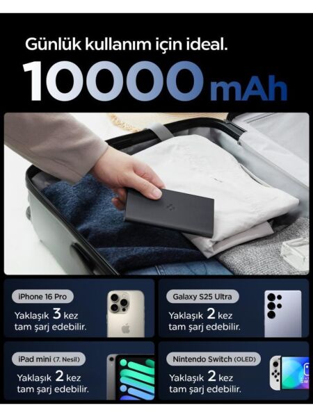 Spigen 10000 mAh Slim Alüminyum Kasa 22,5W USB-C + USB-A Giriş / Çıkış Hızlı Şarj 3 Portlu Powerbank / 1 Metre Type-C Harici Kablolu Taşınabilir Şarj Cihazı + Taşıma Çantası EA2210 Black