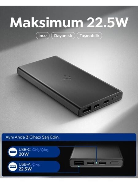 Spigen 10000 mAh Slim Alüminyum Kasa 22,5W USB-C + USB-A Giriş / Çıkış Hızlı Şarj 3 Portlu Powerbank / 1 Metre Type-C Harici Kablolu Taşınabilir Şarj Cihazı + Taşıma Çantası EA2210 Black