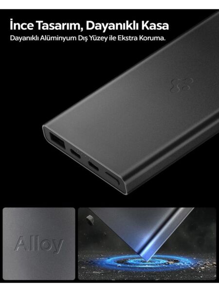 Spigen 10000 mAh Slim Alüminyum Kasa 22,5W USB-C + USB-A Giriş / Çıkış Hızlı Şarj 3 Portlu Powerbank / 1 Metre Type-C Harici Kablolu Taşınabilir Şarj Cihazı + Taşıma Çantası EA2210 Black