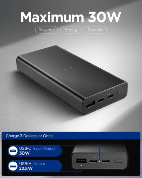 Spigen 20000 mAh Alüminyum Kasa 30W USB-C + USB-A Giriş / Çıkış Hızlı Şarj 3 Portlu Powerbank / 1 Metre Type-C Harici Kablolu Taşınabilir Şarj Cihazı + Taşıma Çantası EA3020 Black