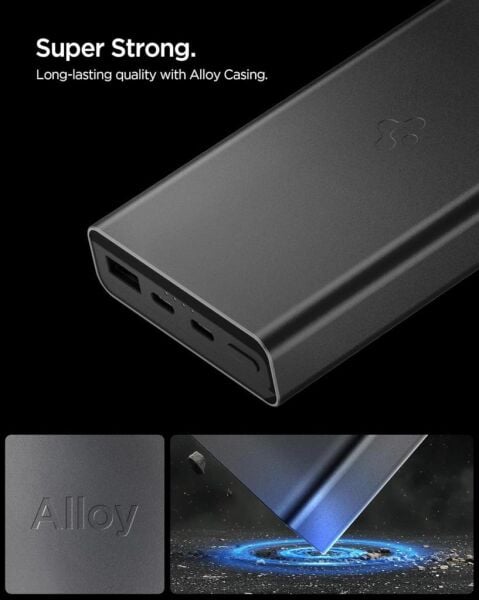 Spigen 20000 mAh Alüminyum Kasa 30W USB-C + USB-A Giriş / Çıkış Hızlı Şarj 3 Portlu Powerbank / 1 Metre Type-C Harici Kablolu Taşınabilir Şarj Cihazı + Taşıma Çantası EA3020 Black