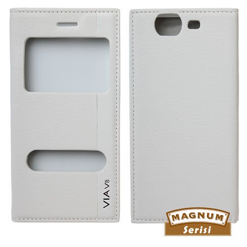 Via V8 ile Uyumlu Magnum Serisi Pencereli Yan Model Kapaklı Kılıf Beyaz