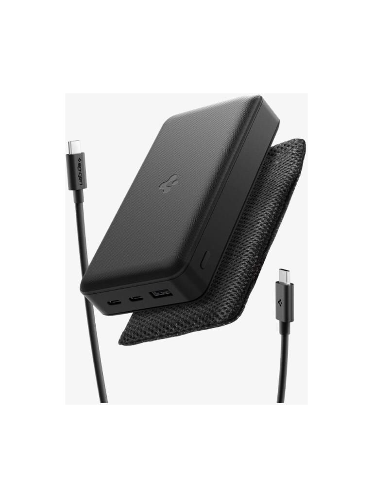 Spigen 30000 mAh 30W USB-C + USB-A Giriş / Çıkış Hızlı Şarj 3 Portlu Powerbank / 1 Metre Type-C Harici Kablolu Taşınabilir Şarj Cihazı + Taşıma Çantası Dahil EA3030 Black