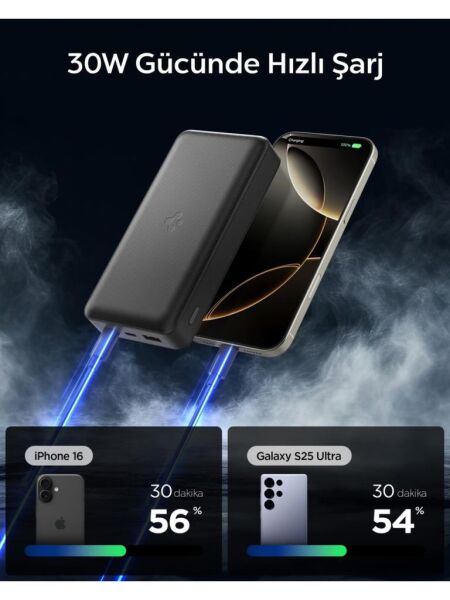 Spigen 30000 mAh 30W USB-C + USB-A Giriş / Çıkış Hızlı Şarj 3 Portlu Powerbank / 1 Metre Type-C Harici Kablolu Taşınabilir Şarj Cihazı + Taşıma Çantası Dahil EA3030 Black