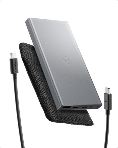 Spigen 10000 mAh Slim Alüminyum Kasa 22,5W USB-C + USB-A Giriş / Çıkış Hızlı Şarj 3 Portlu Powerbank / 1 Metre Type-C Harici Kablolu Taşınabilir Şarj Cihazı + Taşıma Çantası EA2210 Gray