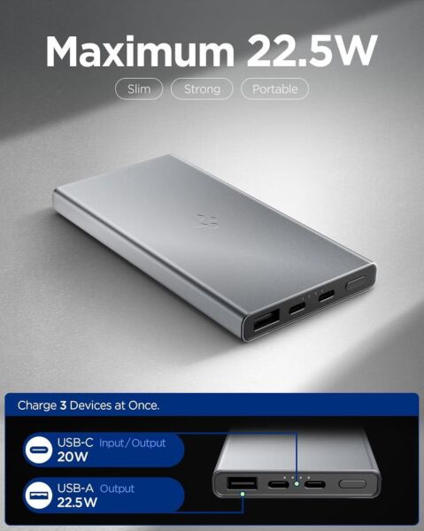 Spigen 10000 mAh Slim Alüminyum Kasa 22,5W USB-C + USB-A Giriş / Çıkış Hızlı Şarj 3 Portlu Powerbank / 1 Metre Type-C Harici Kablolu Taşınabilir Şarj Cihazı + Taşıma Çantası EA2210 Gray