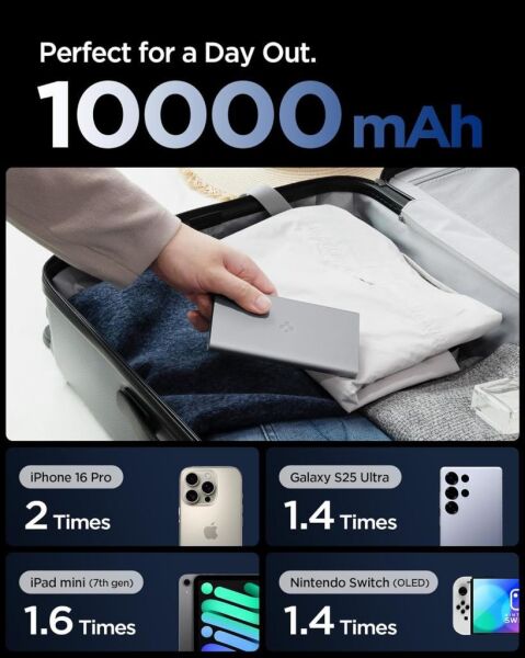 Spigen 10000 mAh Slim Alüminyum Kasa 22,5W USB-C + USB-A Giriş / Çıkış Hızlı Şarj 3 Portlu Powerbank / 1 Metre Type-C Harici Kablolu Taşınabilir Şarj Cihazı + Taşıma Çantası EA2210 Gray