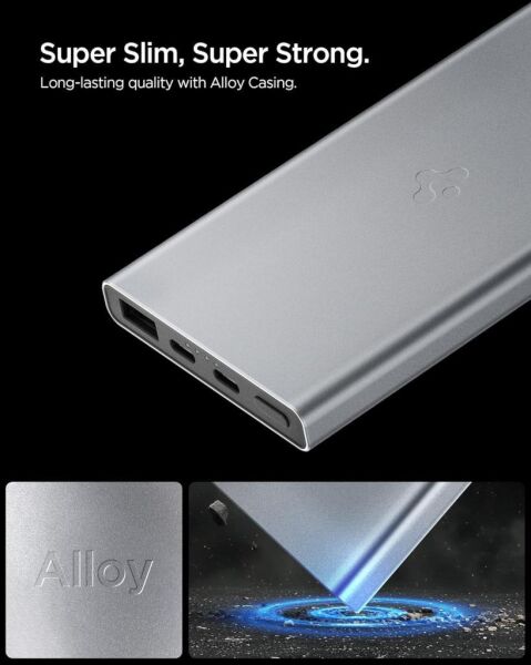 Spigen 10000 mAh Slim Alüminyum Kasa 22,5W USB-C + USB-A Giriş / Çıkış Hızlı Şarj 3 Portlu Powerbank / 1 Metre Type-C Harici Kablolu Taşınabilir Şarj Cihazı + Taşıma Çantası EA2210 Gray