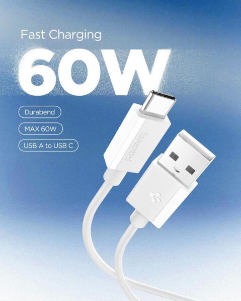 Spigen USB-A to USB-C 1 Metre Kablo 60W Güç / Hızlı Şarj / 480 Mbps Data Aktarım Hızı Type-C Ekstra Dayanıklı White