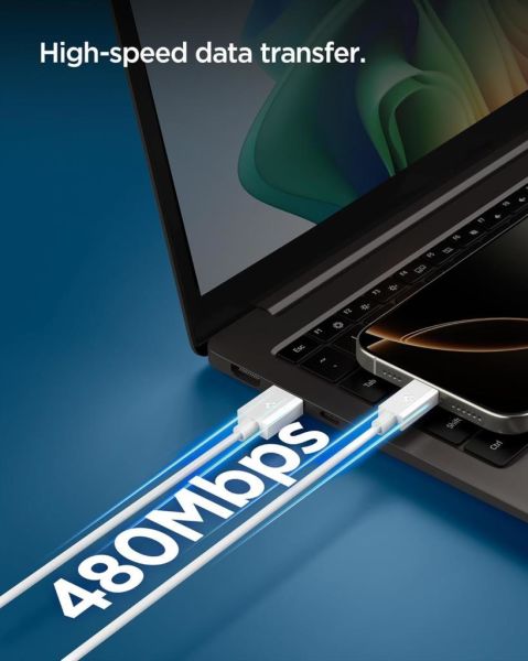 Spigen USB-A to USB-C 1 Metre Kablo 60W Güç / Hızlı Şarj / 480 Mbps Data Aktarım Hızı Type-C Ekstra Dayanıklı White