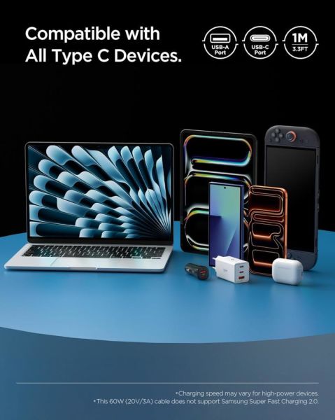 Spigen USB-A to USB-C 1 Metre Kablo 60W Güç / Hızlı Şarj / 480 Mbps Data Aktarım Hızı Type-C Ekstra Dayanıklı White