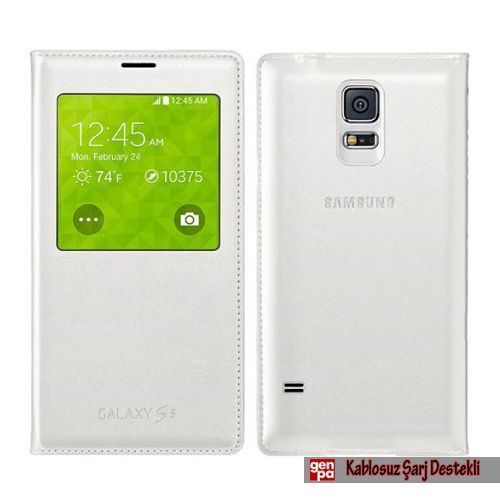 Galaxy S5 G900 ile Uyumlu Kablosuz Şarj Destekli S View Cover Kılıf Beyaz EP-VG900BWEGWW (Out)