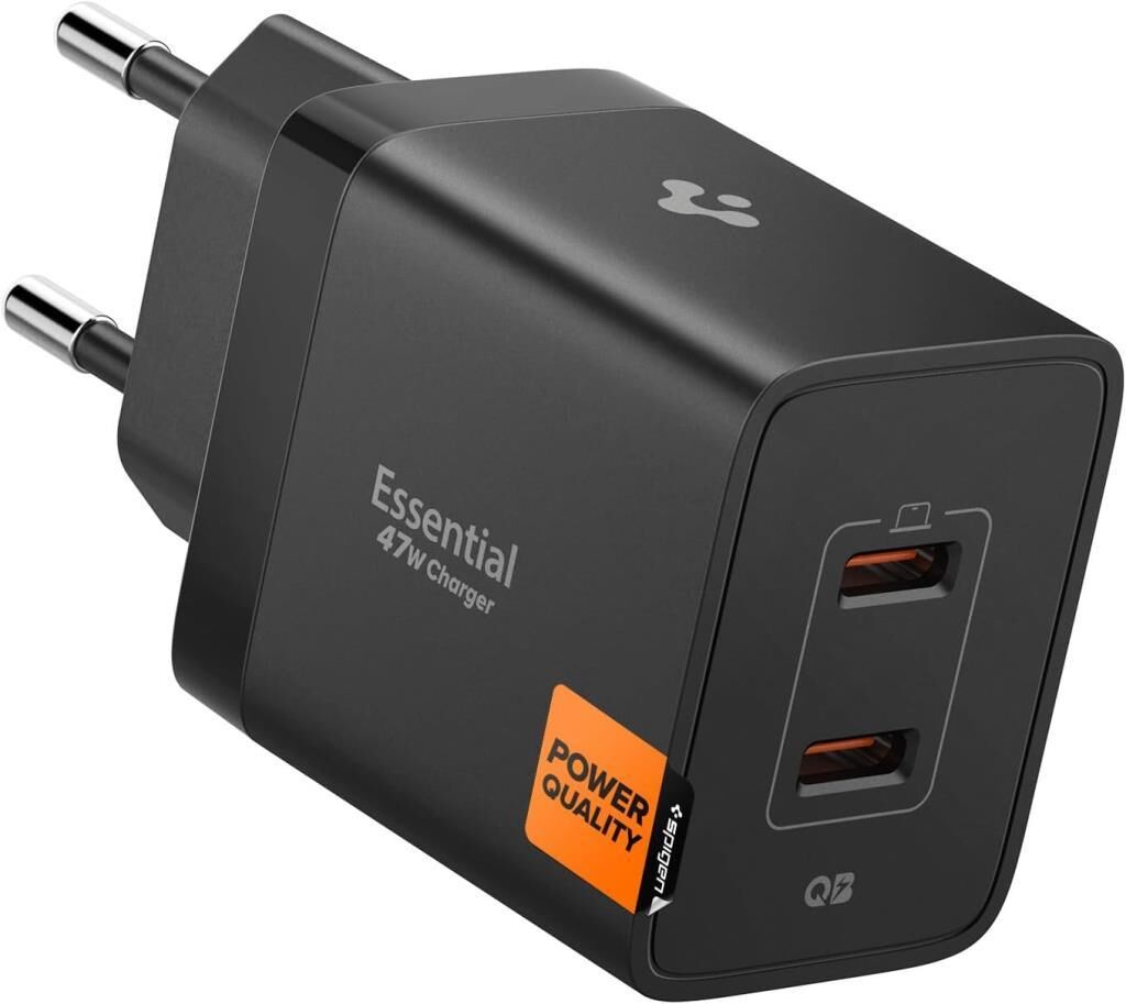 Spigen 47W USB-C 2 Port Mini Hızlı Şarj Aleti Samsung PPS 2.0 / Isı Düşürücü GaN Pro Akım Korumalı PD 3.0 / SCP / FCP Protokol Güç Adaptörü iPhone & Android & iPad & MacBook Type-C Black