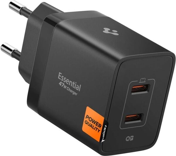 Spigen 47W USB-C 2 Port Mini Hızlı Şarj Aleti Samsung PPS 2.0 / Isı Düşürücü GaN Pro Akım Korumalı PD 3.0 / SCP / FCP Protokol Güç Adaptörü iPhone & Android & iPad & MacBook Type-C Black