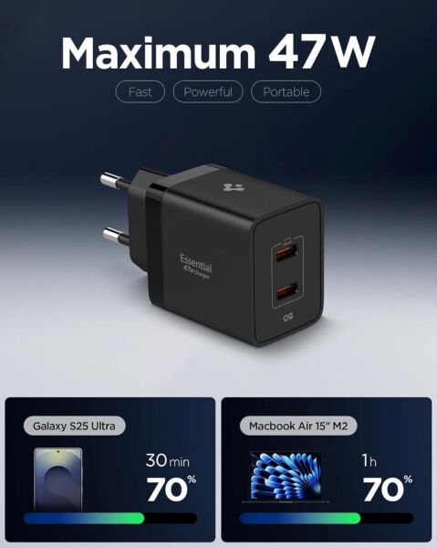 Spigen 47W USB-C 2 Port Mini Hızlı Şarj Aleti Samsung PPS 2.0 / Isı Düşürücü GaN Pro Akım Korumalı PD 3.0 / SCP / FCP Protokol Güç Adaptörü iPhone & Android & iPad & MacBook Type-C Black