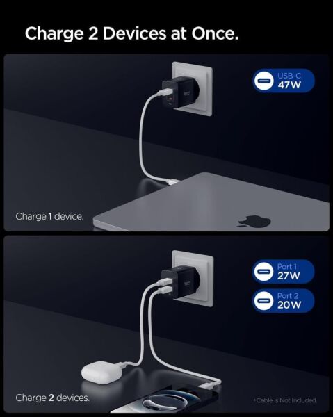 Spigen 47W USB-C 2 Port Mini Hızlı Şarj Aleti Samsung PPS 2.0 / Isı Düşürücü GaN Pro Akım Korumalı PD 3.0 / SCP / FCP Protokol Güç Adaptörü iPhone & Android & iPad & MacBook Type-C Black