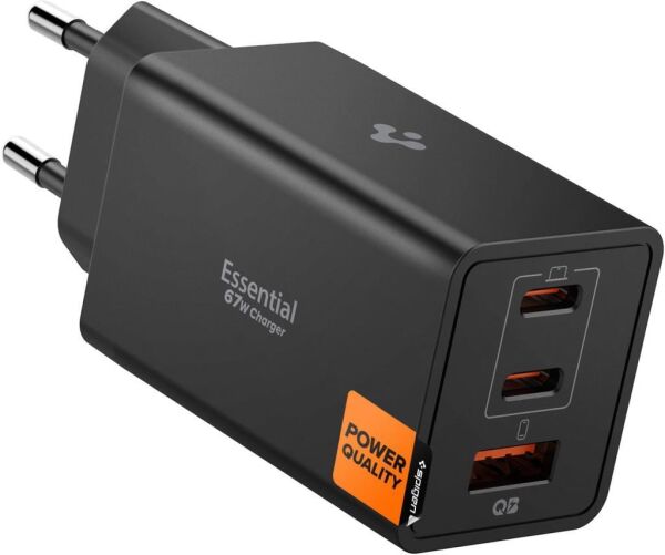 Spigen 67W USB-C + USB-A 3 Port Hızlı Şarj Aleti Samsung PPS 2.0 Isı Düşüren GaN Pro Akım Korumalı PD 3.0 / SCP / FCP Protokol Güç Adaptörü iPhone & Android & iPad & MacBook Type-C Black