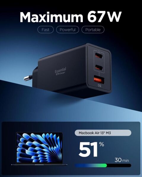 Spigen 67W USB-C + USB-A 3 Port Hızlı Şarj Aleti Samsung PPS 2.0 Isı Düşüren GaN Pro Akım Korumalı PD 3.0 / SCP / FCP Protokol Güç Adaptörü iPhone & Android & iPad & MacBook Type-C Black