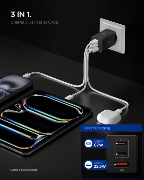 Spigen 67W USB-C + USB-A 3 Port Hızlı Şarj Aleti Samsung PPS 2.0 Isı Düşüren GaN Pro Akım Korumalı PD 3.0 / SCP / FCP Protokol Güç Adaptörü iPhone & Android & iPad & MacBook Type-C Black